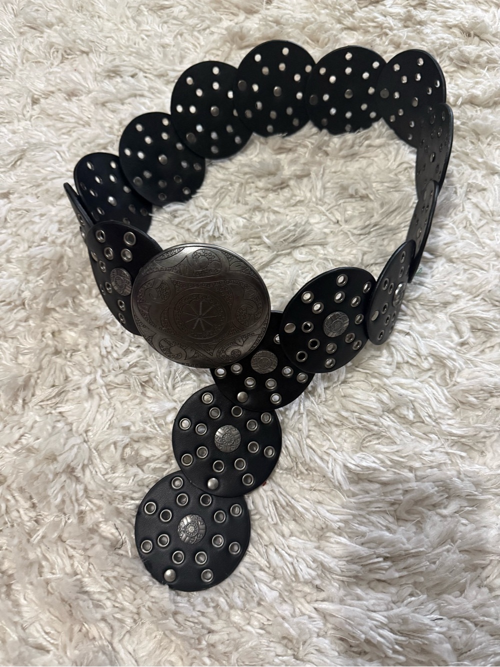 Women's Black Studded Circle Belt with Decorative Buckle